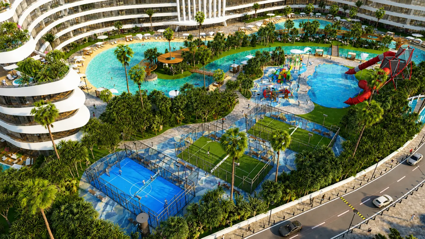 Визуализация: Вид сверху: лагуна с пляжем, аквапарк, корты для тенниса, падела и футбола вдоль дороги